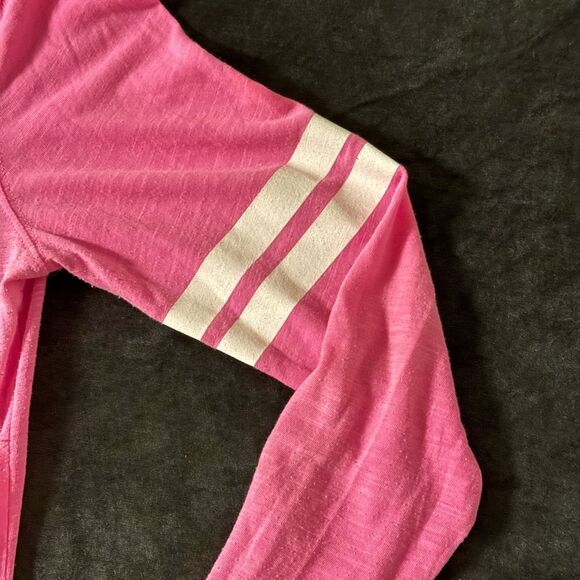 Victoria's Secret PINK Sm Hot Pink Sheer Long Sleeve Varsity Striped Logo V-Neck - Picture 2 of 11
